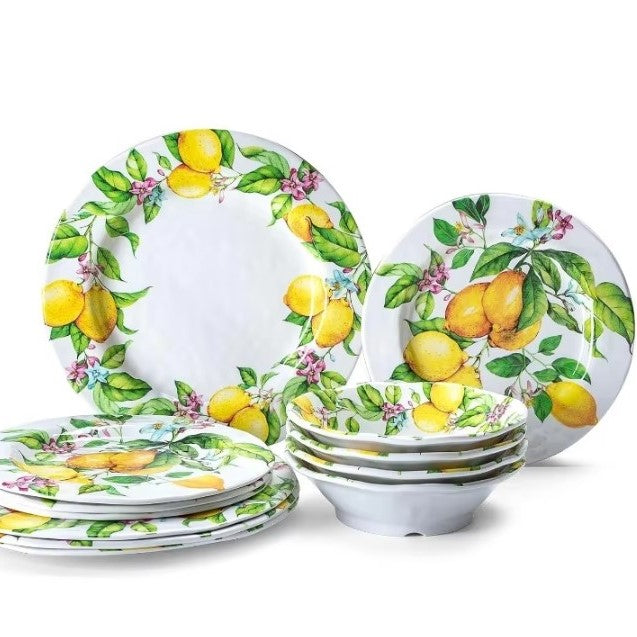 "Lemons and Leaves" Melamine Dinnerware Set, Service for 4, Picnics, Camping, BBQs