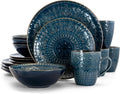 Round Stoneware Embossed Dinnerware Dish Set, 16 Piece, Sea Blue with Brown Trim,Ocean Teal and Green