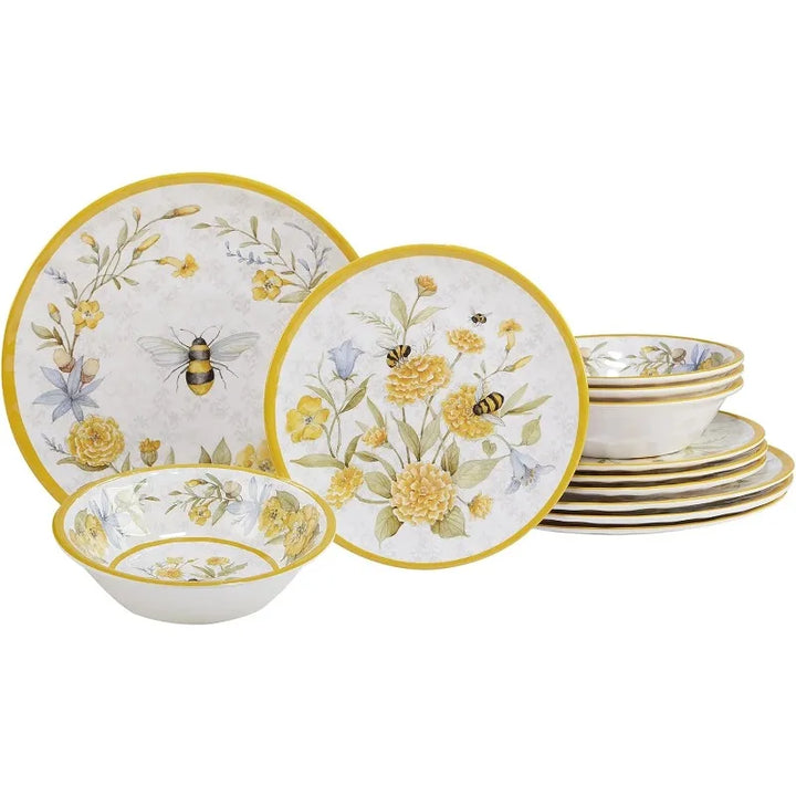 "Bee Sweet" 12 Piece Melamine Dinnerware Set, Service for 4, Designed by Susan Winget