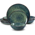 12 Pieces Green Dinnerware Set, Reactive Change Glaze Dinner Set, Plates and Bowls Set