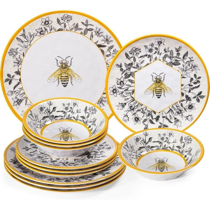 "Honeybee" Melamine Dinnerware Set, Service for 4, Picnics, Camping, BBQs