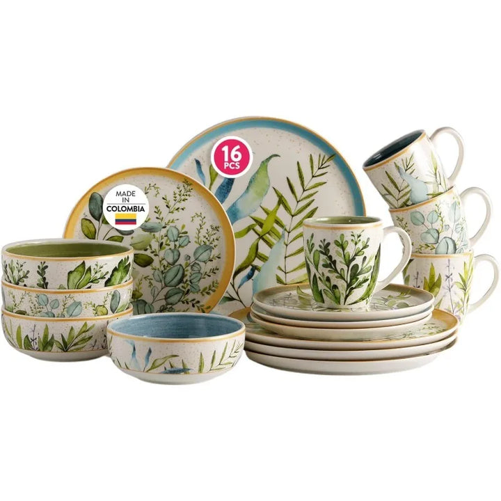 Dinnerware Set 16– piece, Plates Bowls and Mugs Set, Ceramic Sets for 4, Microwave and Dishwasher Safe, Gray Hand-Painted Design