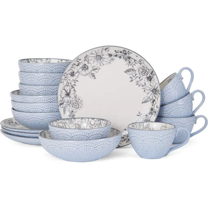 "Gabriela Gray" 16-Piece Stoneware Dinnerware Set, Service for 4, Vintage, Cottagecore Decor