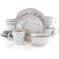 Rustic Birch 16 Piece Embossed Scalloped Stoneware Round Dinnerware Set in White with Brown Accents