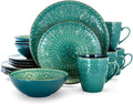 Round Stoneware Embossed Dinnerware Dish Set, 16 Piece, Sea Blue with Brown Trim,Ocean Teal and Green