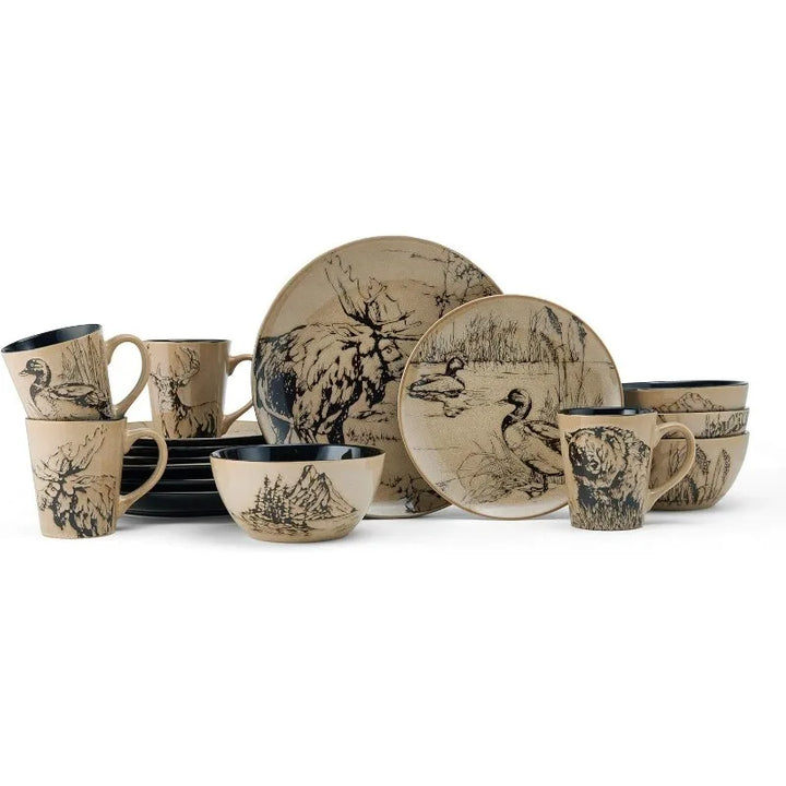 "Wild Animals" 16-Piece Dinnerware Set, Stoneware Dishes, Four Different Animal Prints