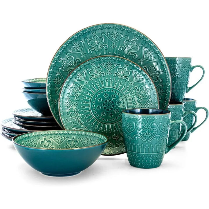 Round Stoneware Embossed Dinnerware Dish Set, 16 Piece, Sea Blue with Brown Trim,Ocean Teal and Green