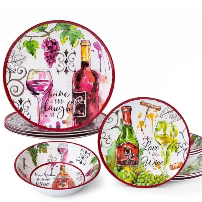 "I Love Wine" Melamine Dinnerware Set, Service for 4, Picnics, Camping, BBQs